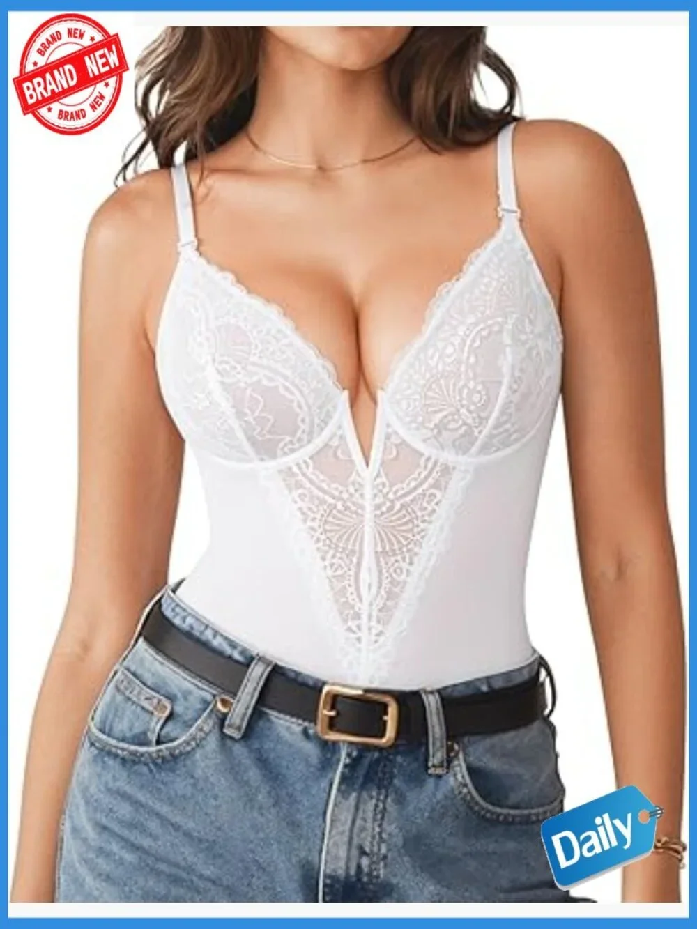 Lace Corset Bodysuit Shapewear Tummy Control V Neck Sleeveless Body Shaper